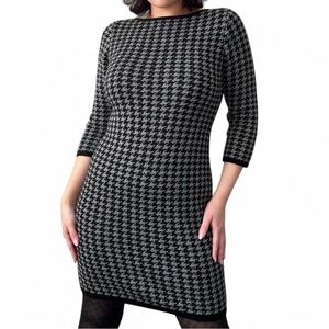 Calvin Klein Black and White Houndstooth Long Sleeve Dress